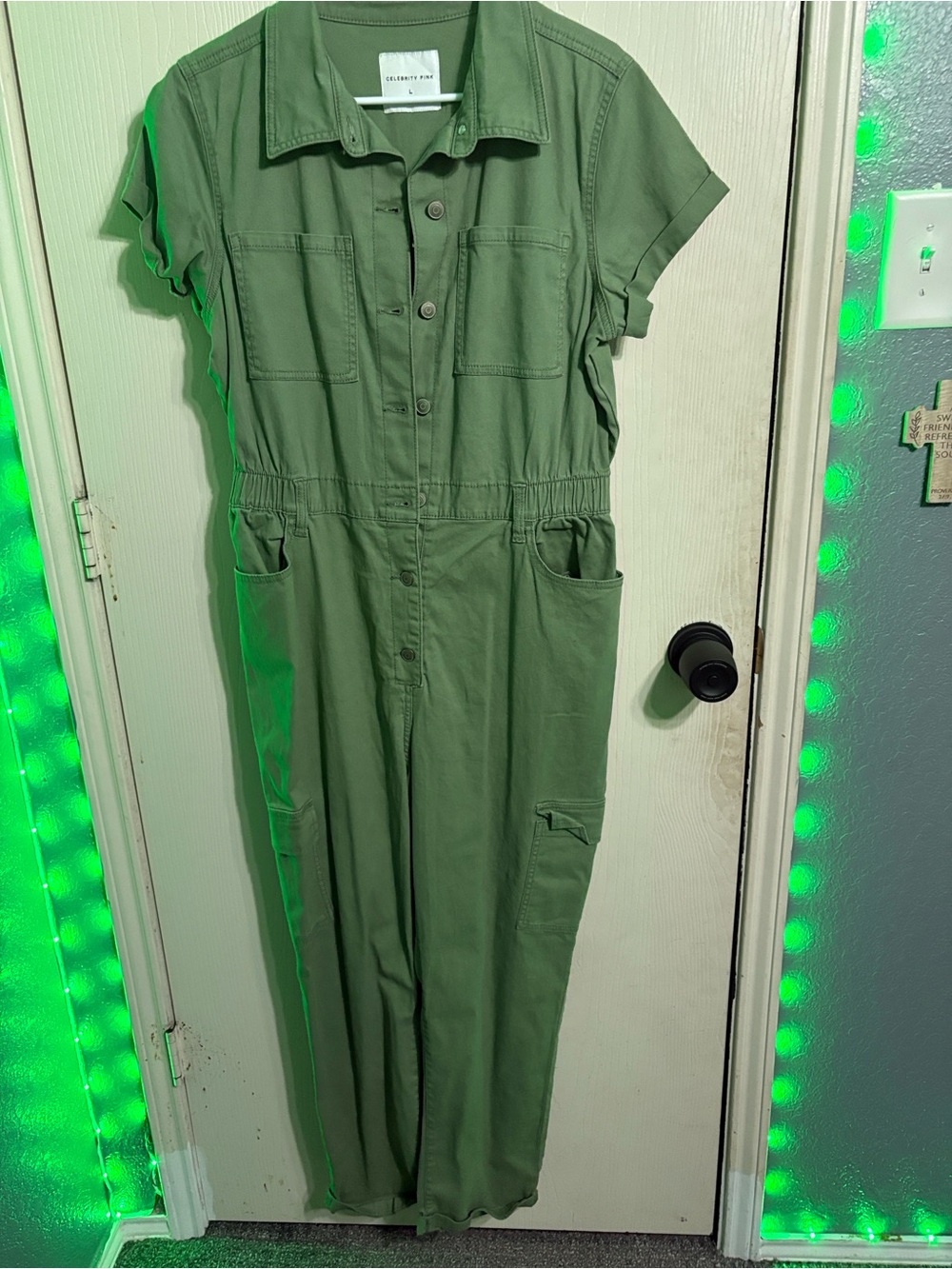 Olive Utility Jumpsuit - Casual Short Sleeve Workwear